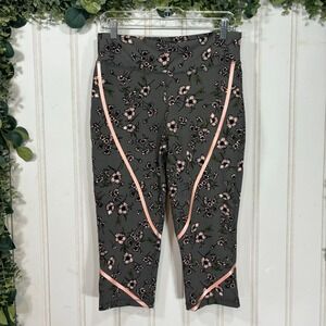 ASKYA Capri Leggings MEDIUM Gray Floral Athletic Casual High Waist Stretch Gray